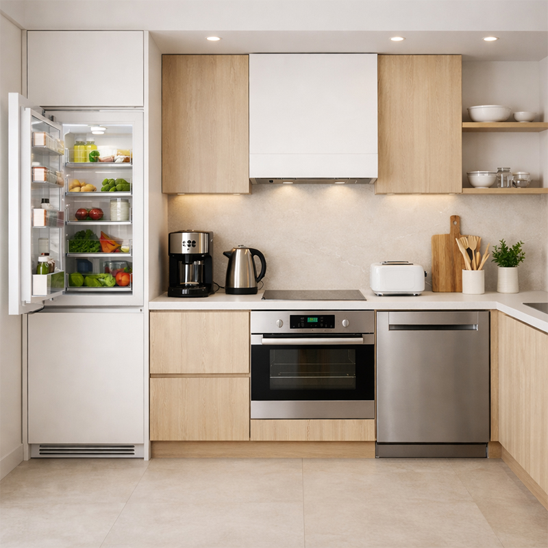 چطور آشپزخانهای شیک و هماهنگ بچینیم؟ راهنمای کامل ست کردن لوازم آشپزخانه 3 هماهنگی لوازم برقی بزرگ با دکوراسیون آشپزخانه